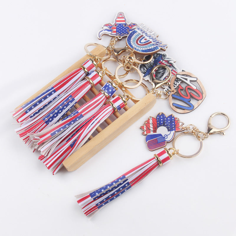 Wholesale American Independence Day Wooden Sign Tassel Keychain ACC-KC-GuangTian055