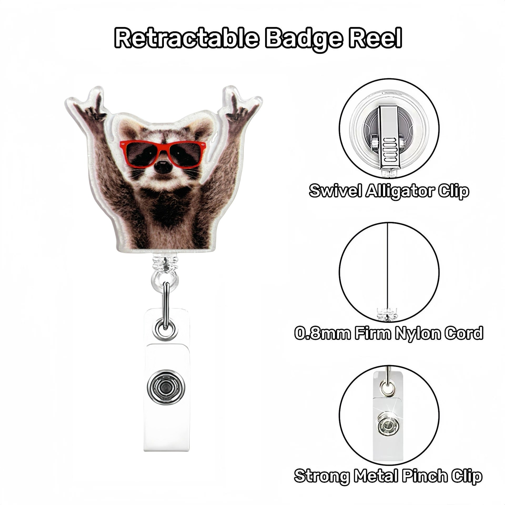 Wholesale Glitter Raccoon Acrylic Retractable Clip Badge Keychain