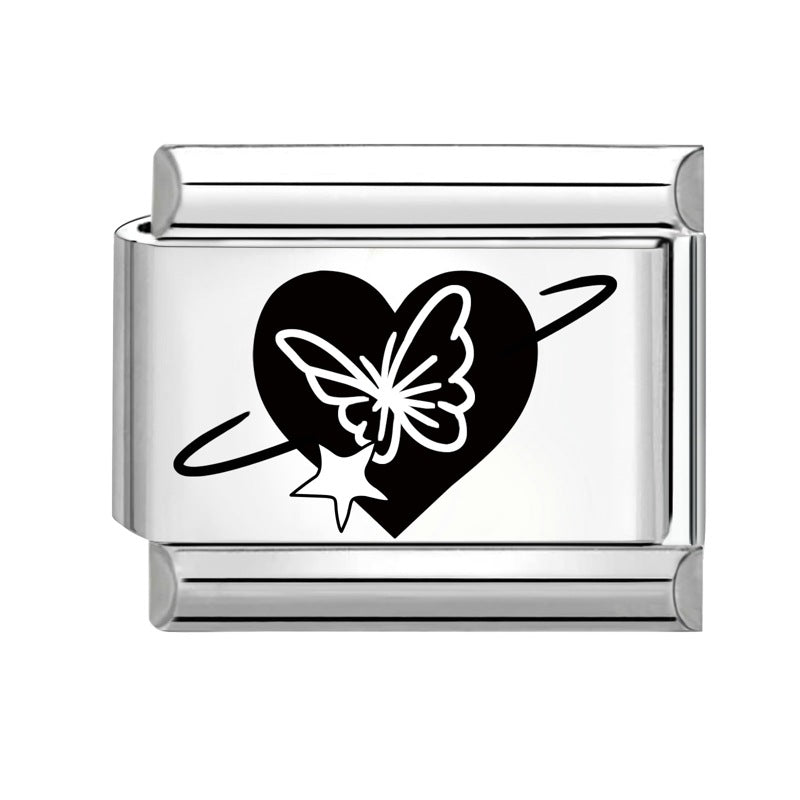 Wholesale Italian Charm Bracelet 9mm DIY Splicing Black and White Lettering Butterfly Titanium Steel Composable Bracelet