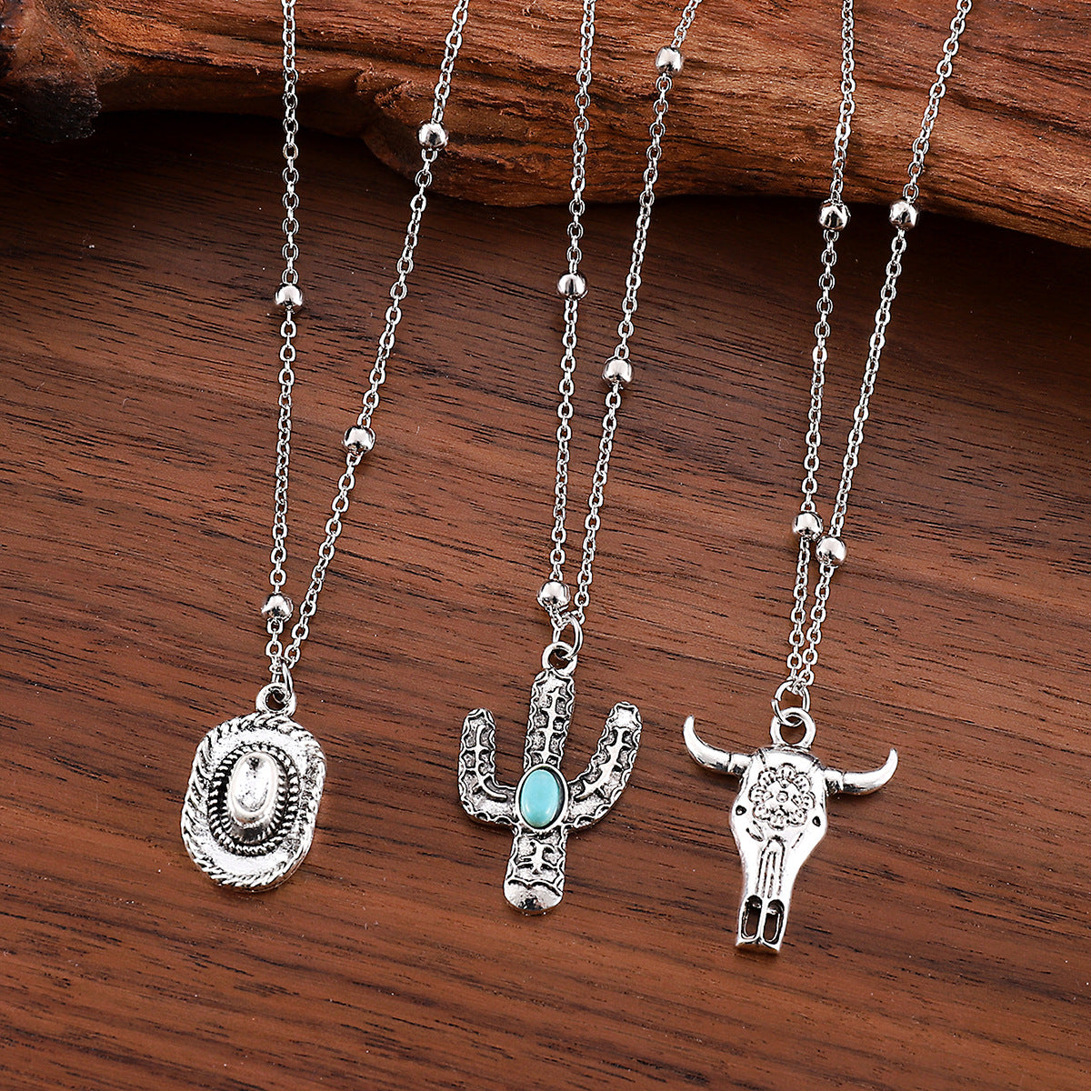 Wholesale Western cowboy retro ethnic style turquoise alloy bull head combat boots hat necklace