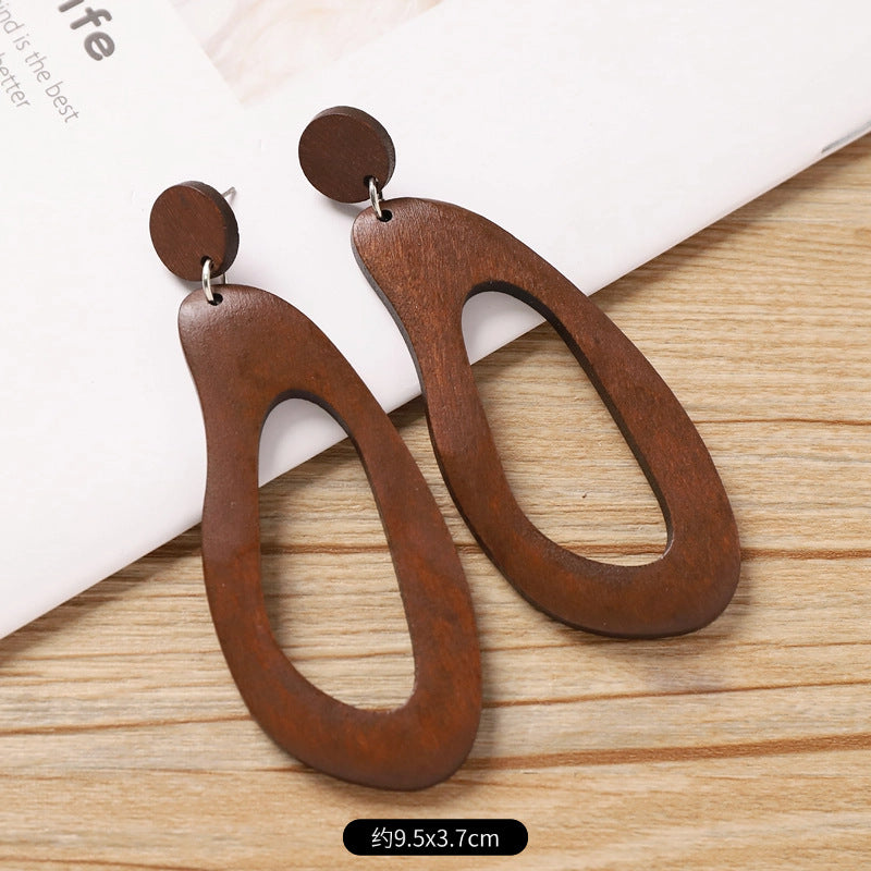 Wholesale Retro Coffee Wooden Earrings Ethnic Style Round Hand Knitted Jewelry Accessory
