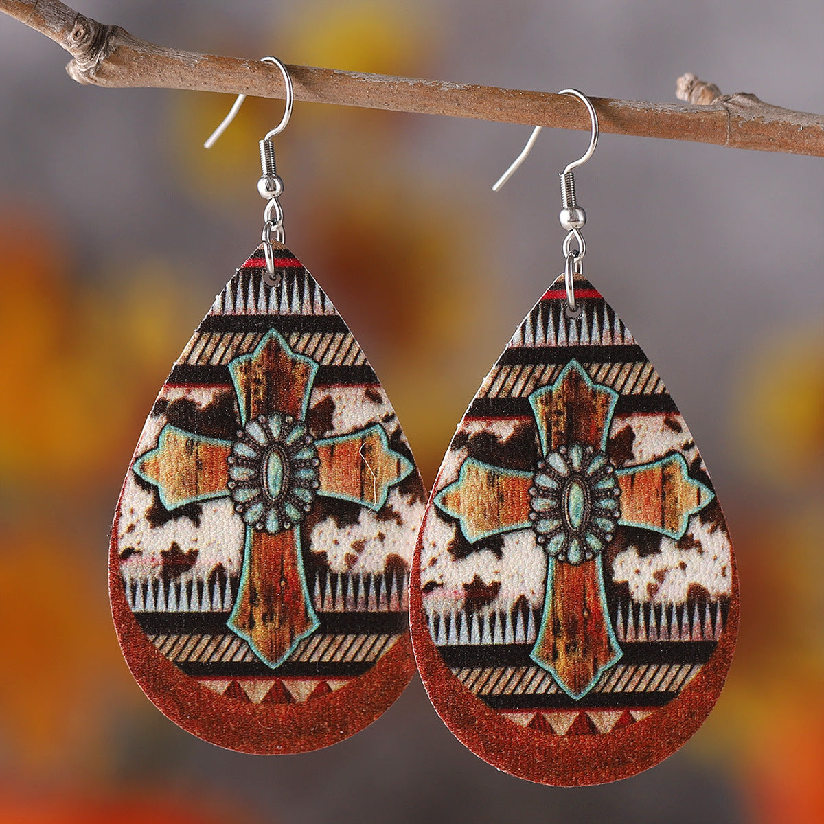 Wholesale Retro Ethnic Turquoise Cow Pattern Cross Earrings ACC-ES-ChuLian141
