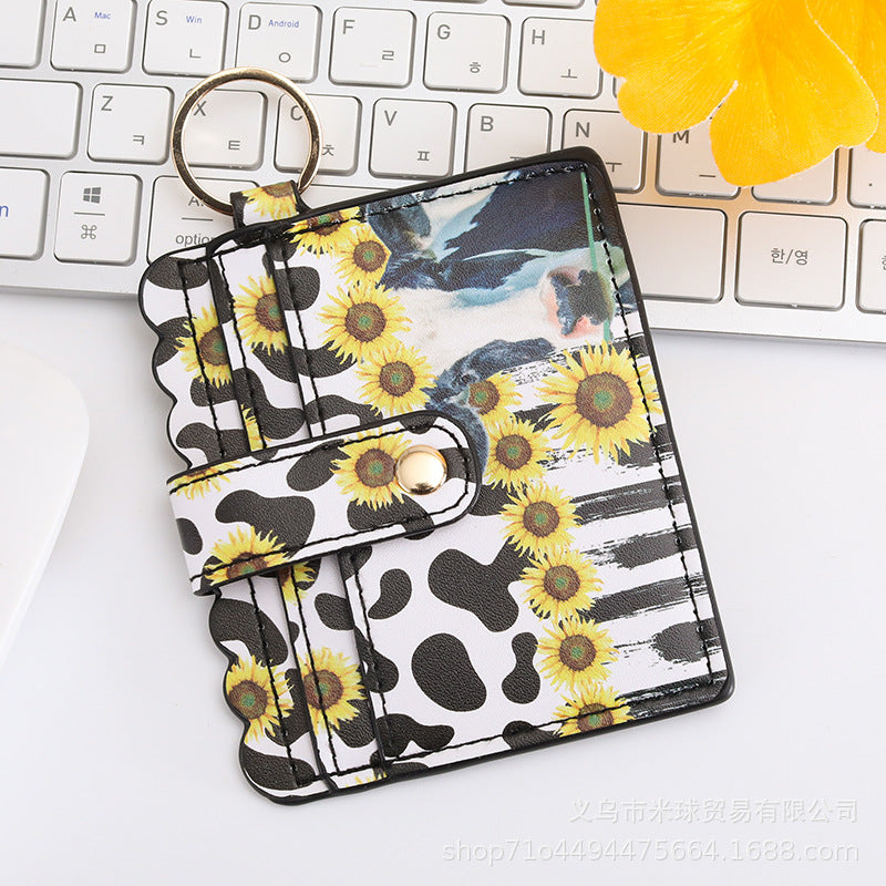 Wholesale Western Style Sunflower Cow Head Cow Pattern Cactus PU Pickup Bag Keychain ACC-KC-MiQiu002
