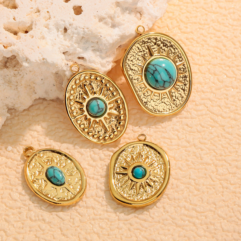 Wholesale Stainless steel vintage pendant inlaid with turquoise charms