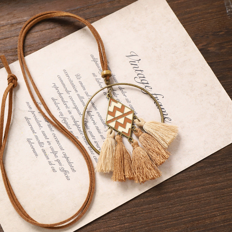 Wholesale Bohemian Vintage Long Tassel Necklace,  Handwoven Mixed Material Pendant,  Chic Jewelry Accessory for Women