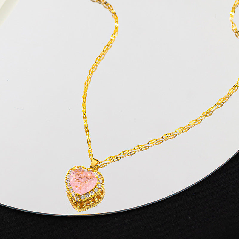 Wholesale Ice Stone Pink Diamond Light Luxury Copper Gold-plated Titanium Steel Necklace Luxury Necklaces ACC-NE-XuHao004