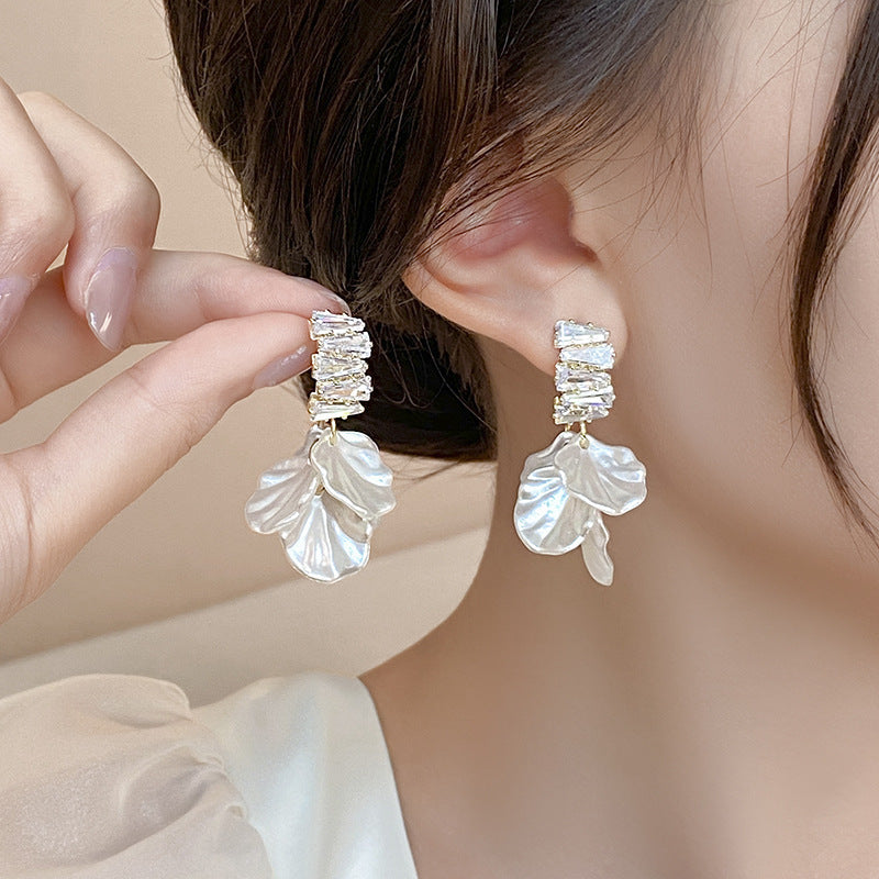 Wholesale Silver Zircon  Shell Flower Tassel Earrings