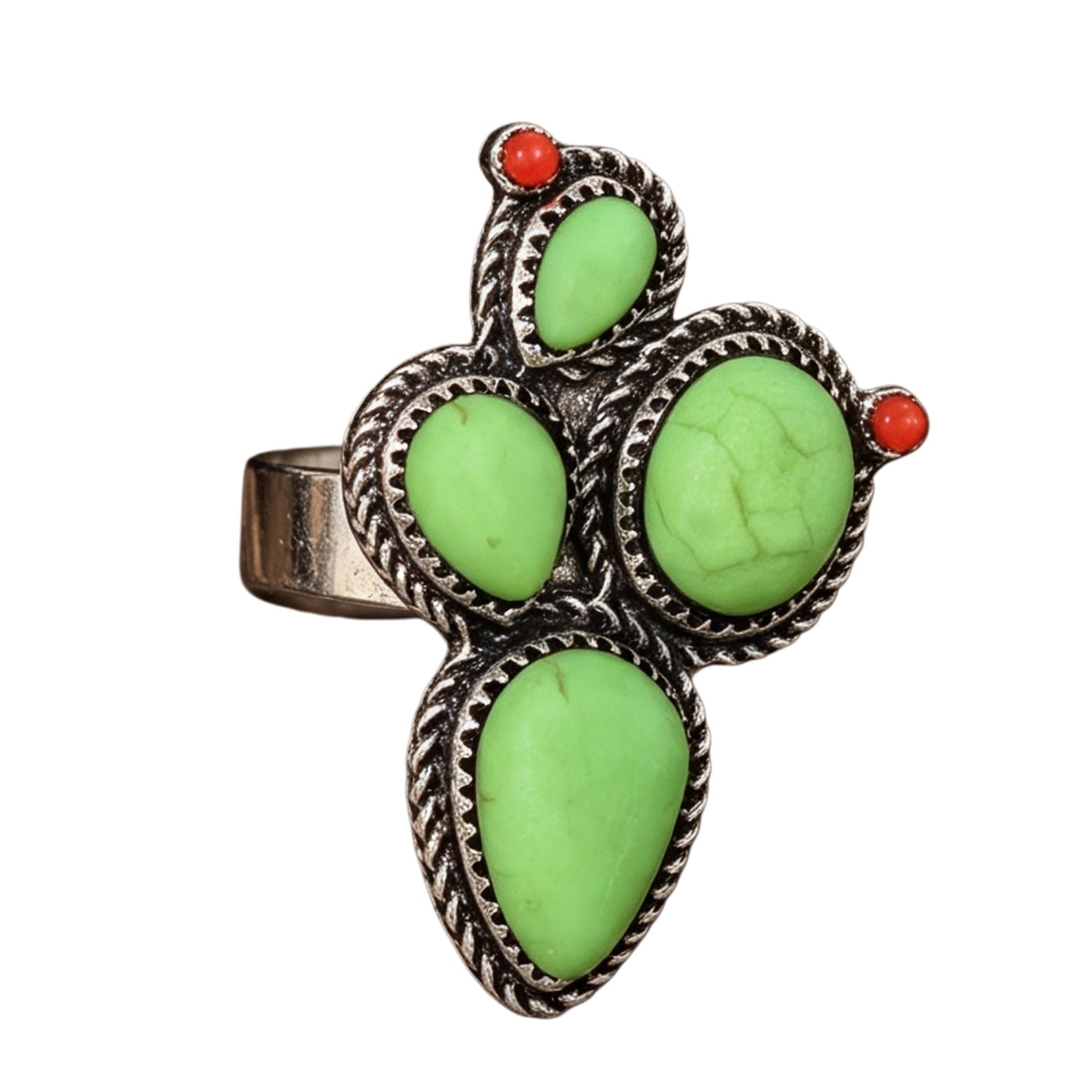 Wholesale Vintage Cactus Turquoise Bohemian Ring Silver Tone Alloy Open Band Women S Fashion Jewelry Accessory Gift
