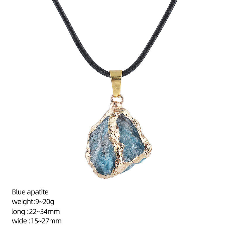 Wholesale Natural Crystal Raw Stone Pendant Necklace with Leather Rope Chain Irregular Hand-Hammered Electroplated Fashion Jewelry