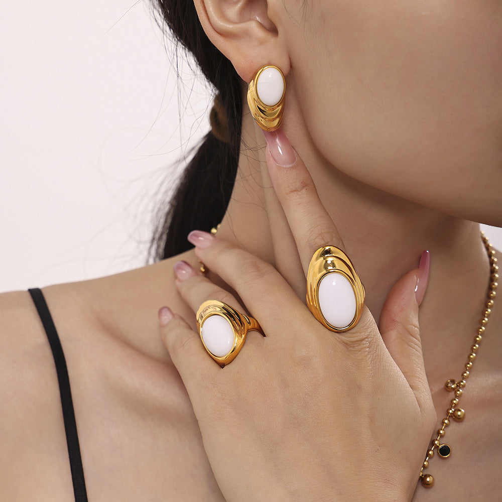 Wholesale Natural Opal Water Ripple Stainless Steel Earrings Ring