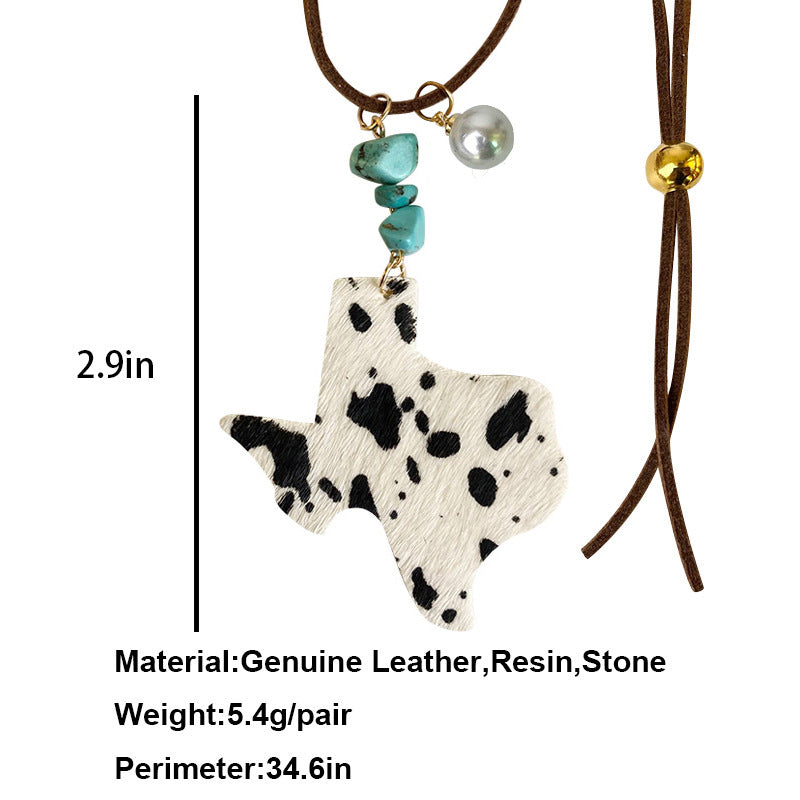 Wholesale 3pcs/pack Western Style Cow Head Texas Map Leopard Print Turquoise Pearl Cowhide Leather Necklace