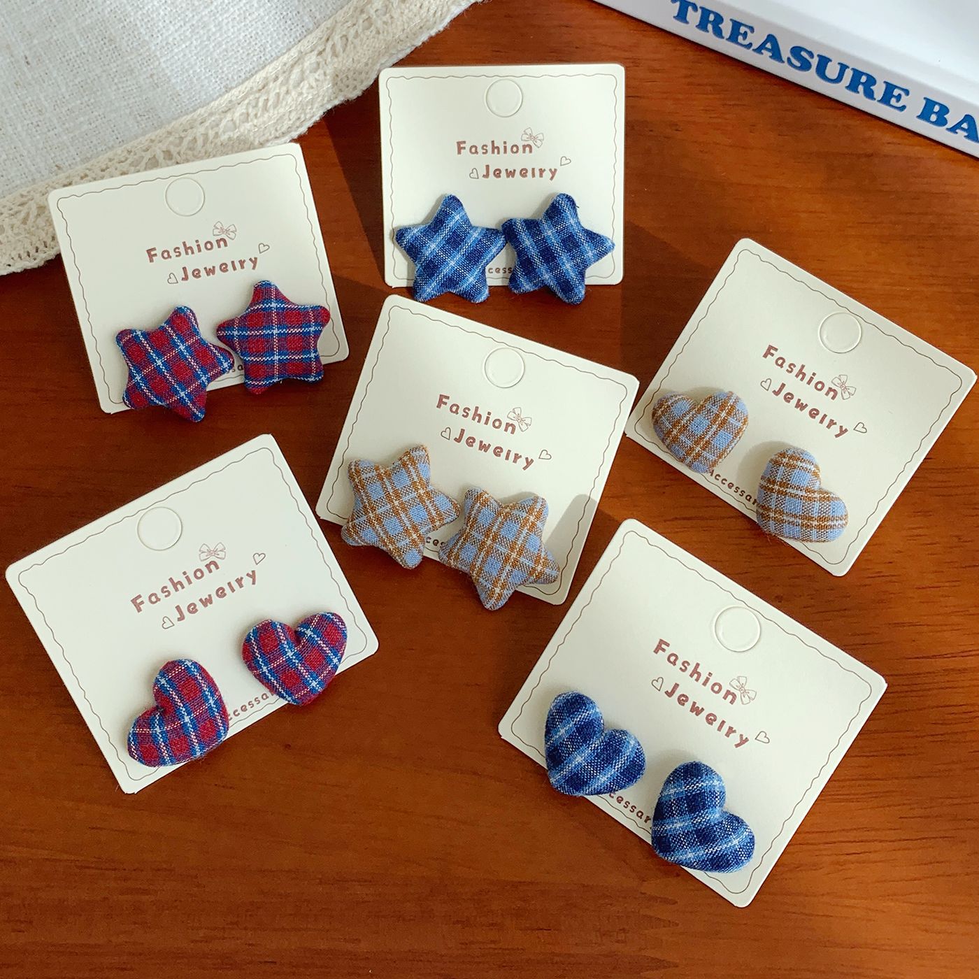 Wholesale Retro colorful fabric plaid five-pointed star heart earrings silver needle literary design earrings