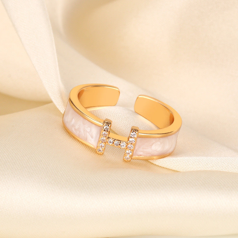 Wholesale Fashion Open Ring with Mother-of-Pearl H Initial,  Adjustable Copper Jewelry for Women,  Trendy Gift
