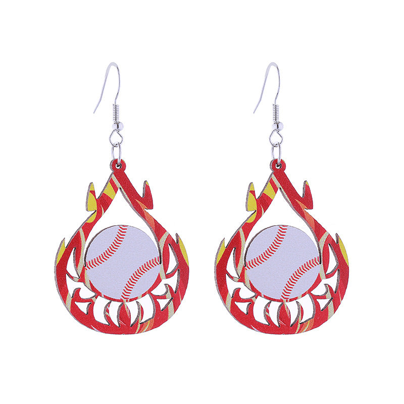 Wholesale Flame Super Rugby Baseball Sports Style Wooden Hollow Earrings