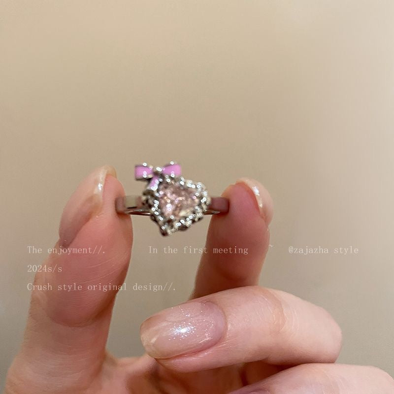 Wholesale Zinc Alloy Electroplated Adjustable Bowknot Heart Zircon Ring Women S Trendy Gift