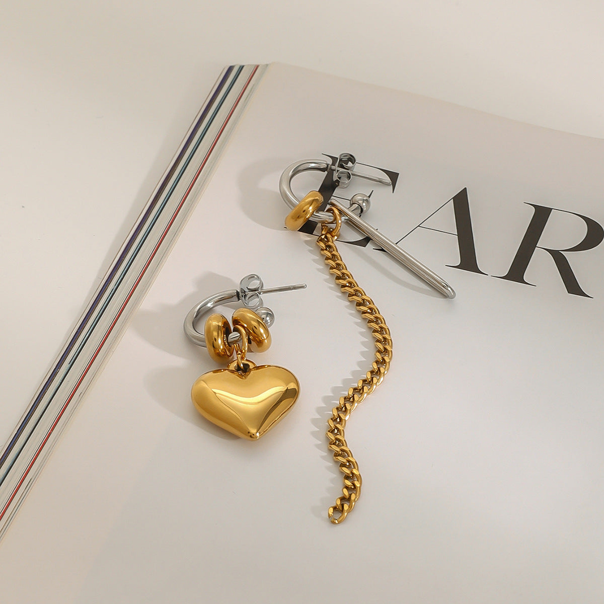 Wholesale 18k gold stainless steel gold and silver color  love geometric lines chain tassel earrings