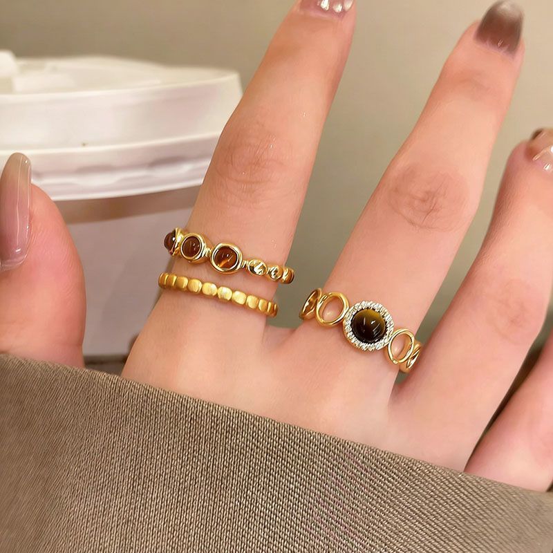 Wholesale Maillard Style Light Luxury Retro Gold Ring with Tiger' s Eye and Zircon