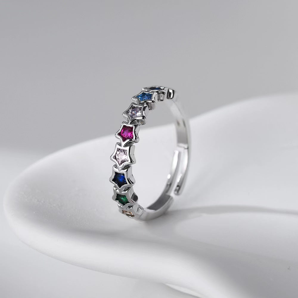 Wholesale Copper Plated 18K Gold Micro-inlaid Colored Zircon Five-pointed Star Open Adjustable Rings ACC-RS-YXY028