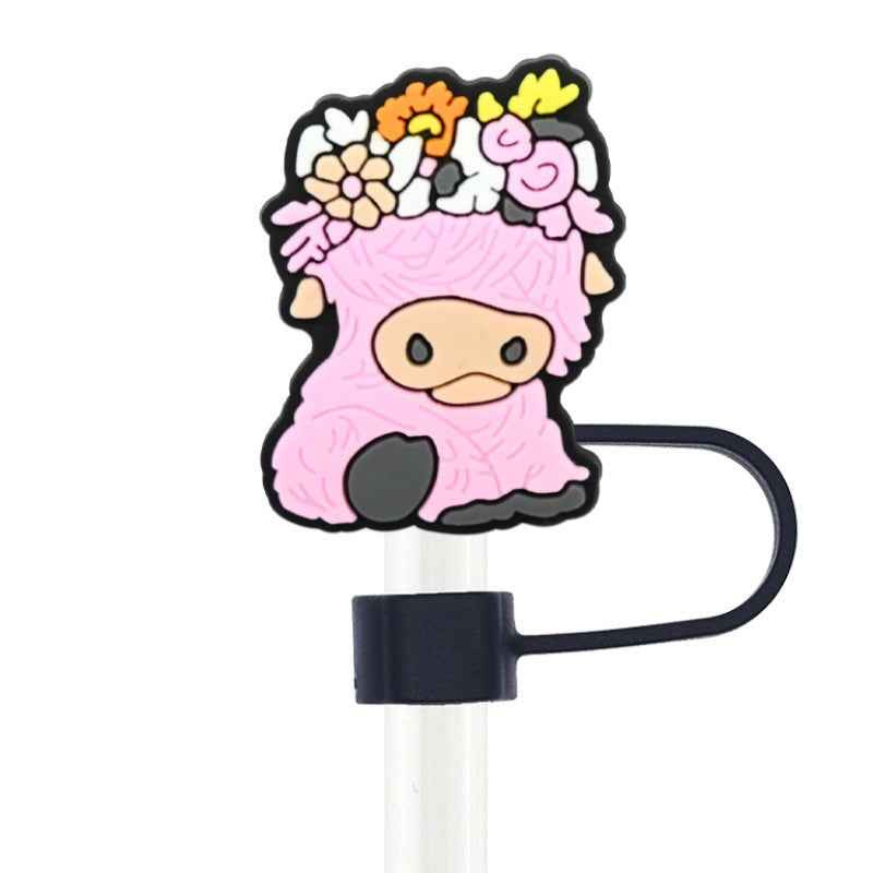 Wholesale  Random 100pcs Highland Cow Series 10mm PVC Soft Straw Tube Cap