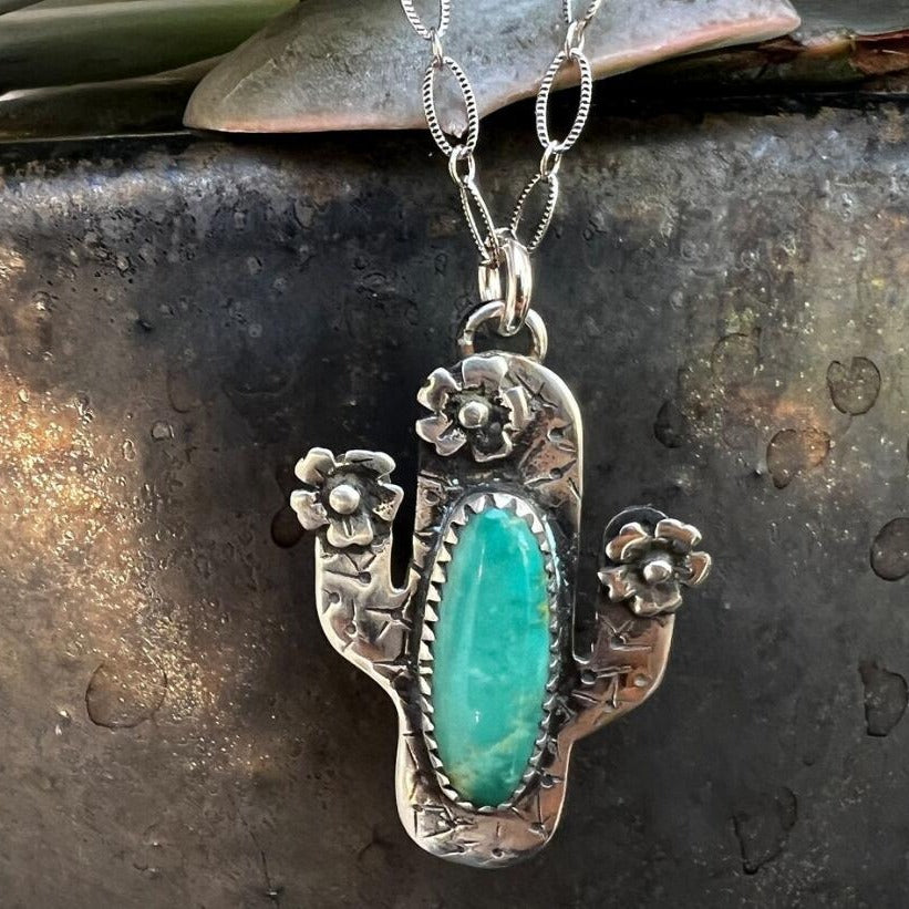 Wholesale Retro Cactus Turquoise Inlay Alloy Pendant Necklace - Boutique Resale Jewelry