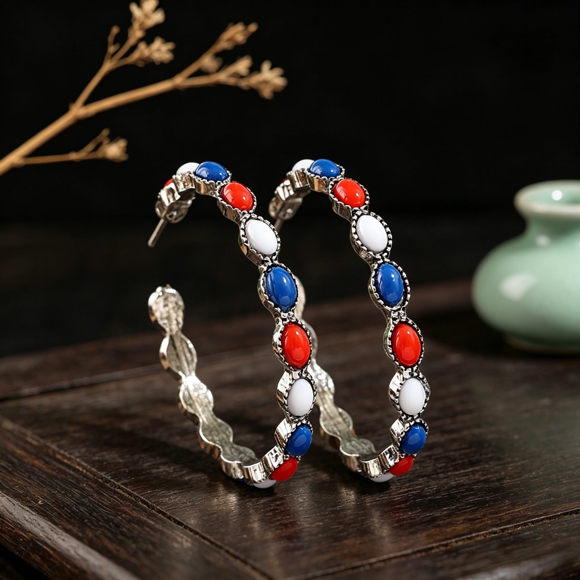 Wholesale Red White Blue C Shape Hoop Earrings American Flag Independence Day Jewelry Accessory