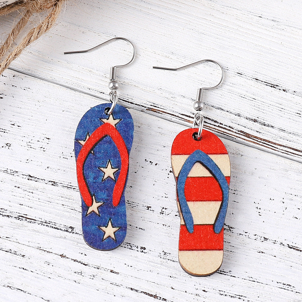 Wholesale American Independence Day Star Slippers Lightning Sunflower Hat Wooden Double Sided Earrings ACC-ES-ChuLian012