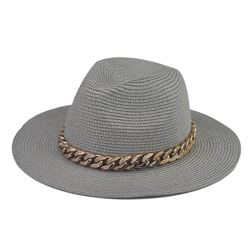 Wholesale Trendy Wide Brim Straw Hat With Gold Chain Decoration Flat Top Khaki Sun Hat For Summer Casual Wear