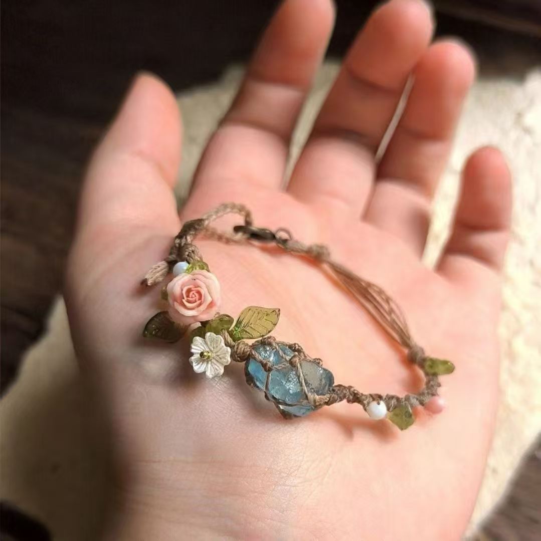 Wholesale Natural Aquamarine Raw Stone Bracelet Handwoven Rope - Stylish Gift for Besties