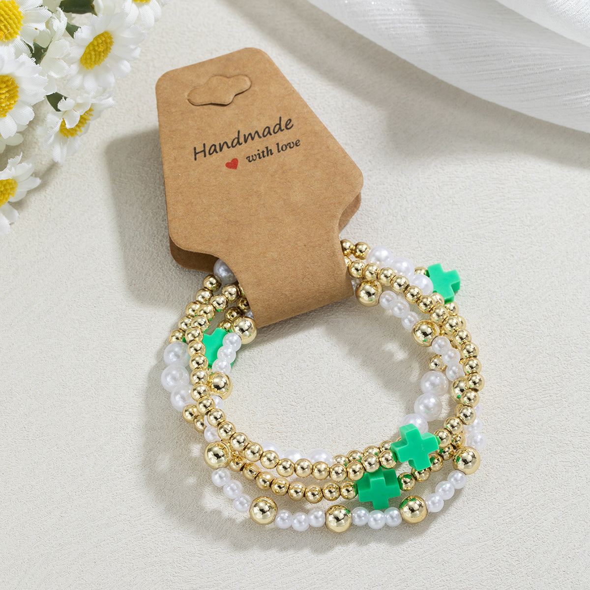 Wholesale  personality resin cross pearl  beaded elastic kraft paper bracelet