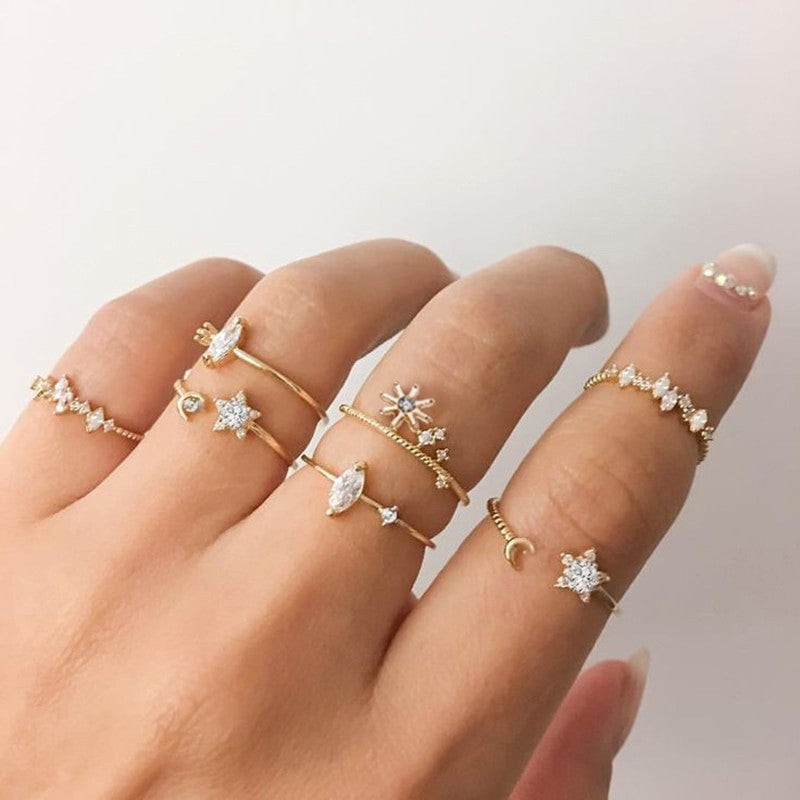 Wholesale Star and Moon Diamond Snake Ring 7-Piece Set