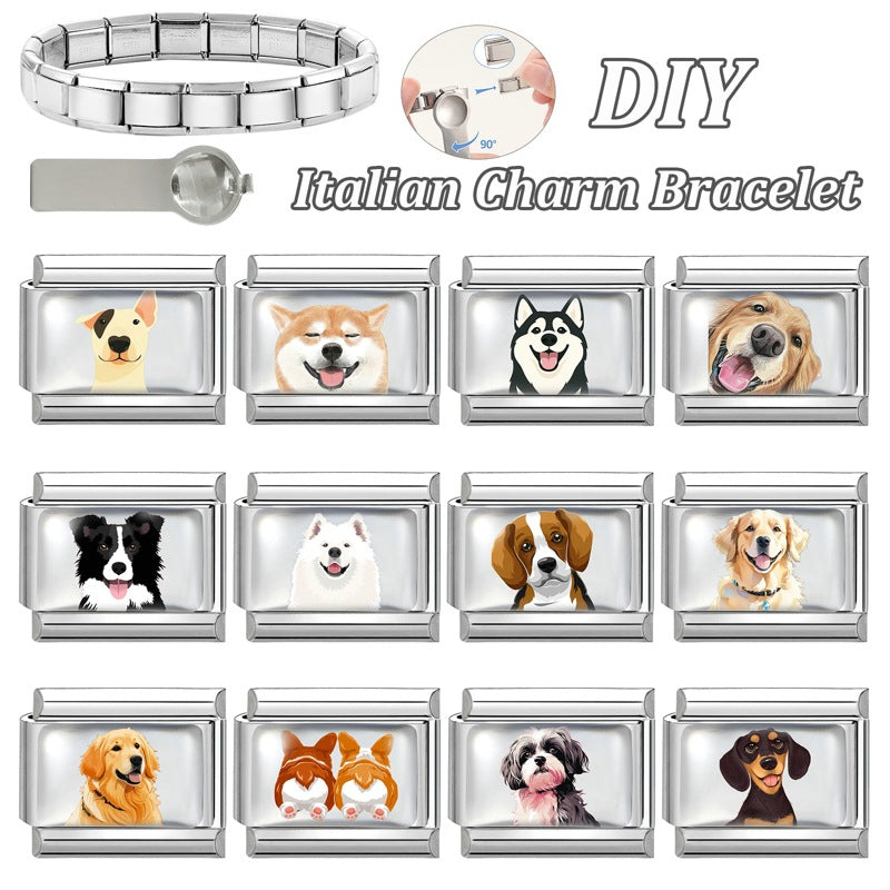Wholesale Dog Italian Charms DIY square Single Section Creative Stainless Steel Composable Bracelet