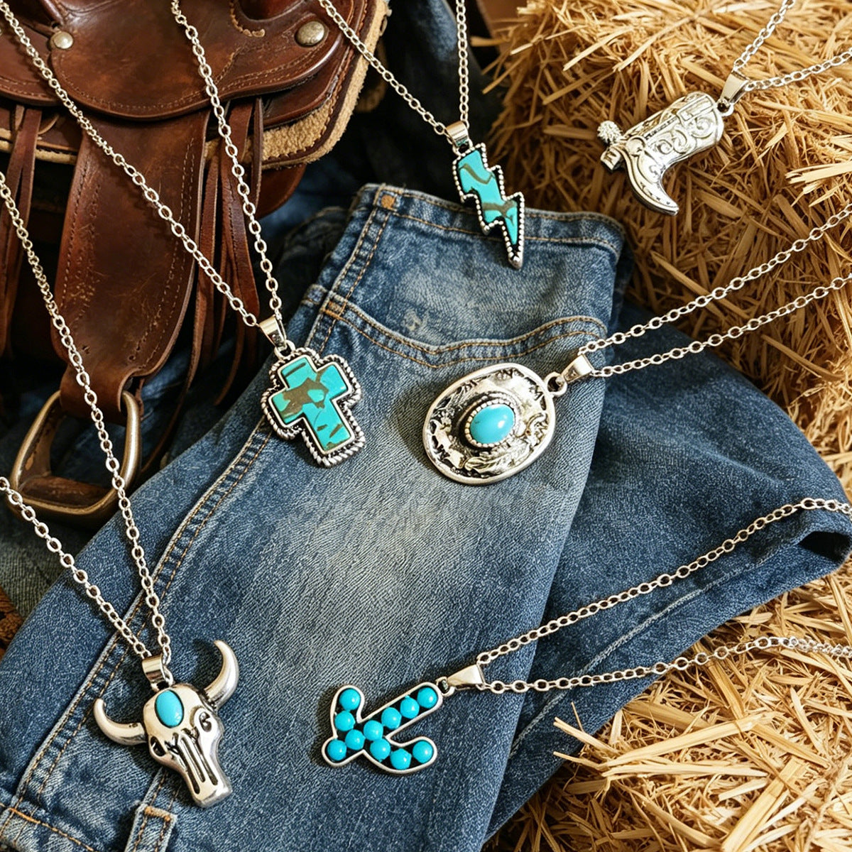 Wholesale Zinc Alloy Plated Western Cowboy Pendant Necklace For Women Retro Boot Bull Head Hat Design Layering Jewelry