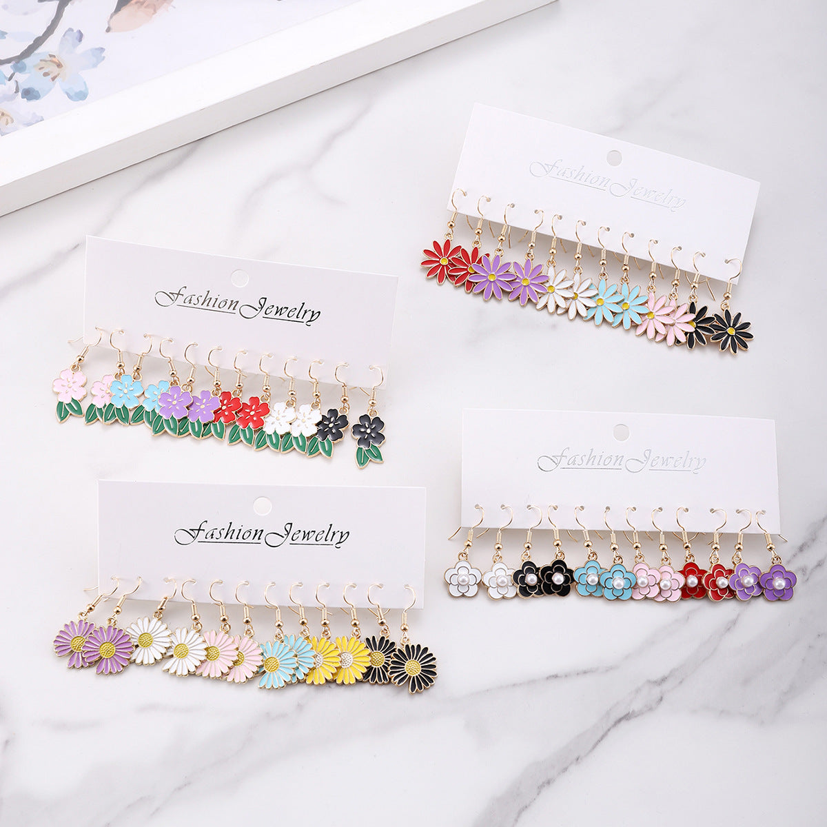 Wholesale Color Small Flower Oil Drop Pendant Earrings suit