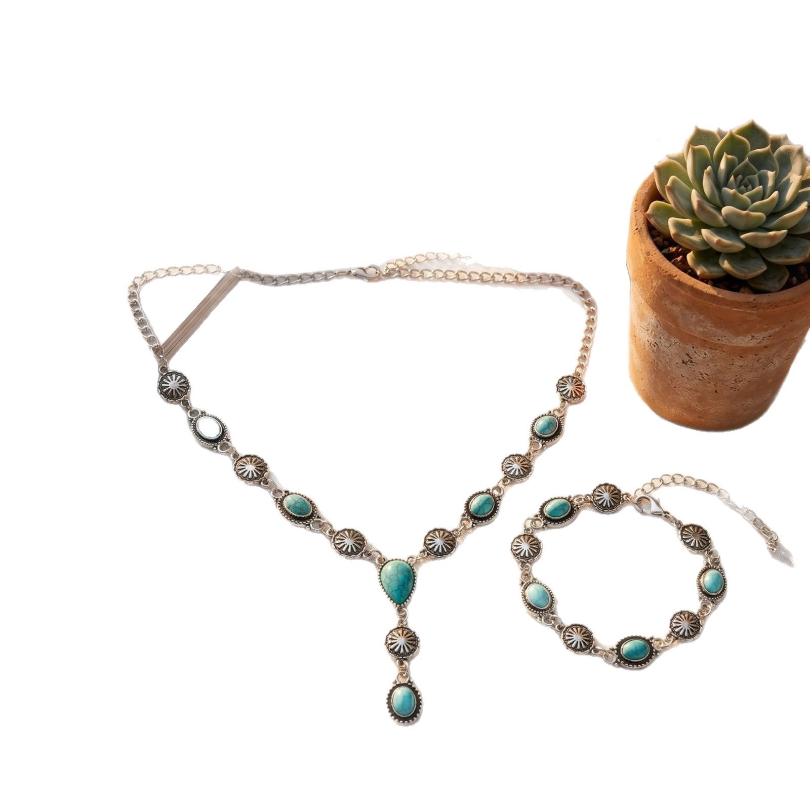 Wholesale Ethnic Turquoise Drop Y Shaped Necklace Vintage Carved Bracelet Jewelry Set Antique Silver Finish Fashion Gift For Resale