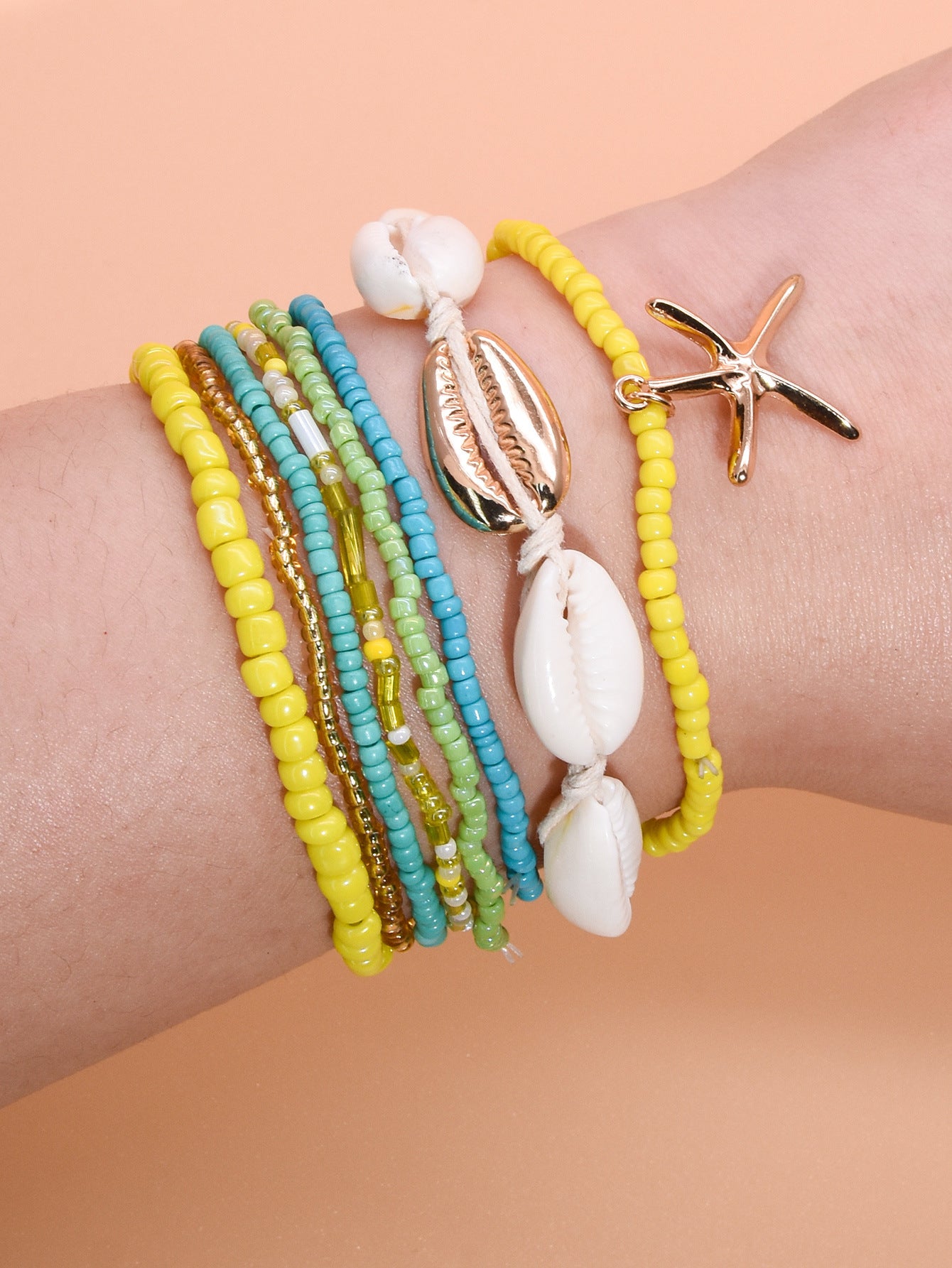 Wholesale Bohemian Beach Style Bracelet Set Summer Dopamine Starfish Rice Beads Shell Bracelet Six-piece Set ACC-BT-Yeb003