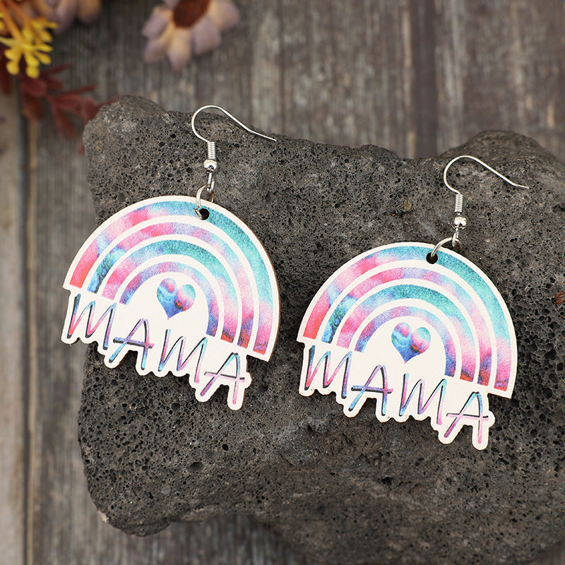 Wholesale Vintage Rainbow Printing Love Mosaic MAMA Wooden Mother's Day Earrings