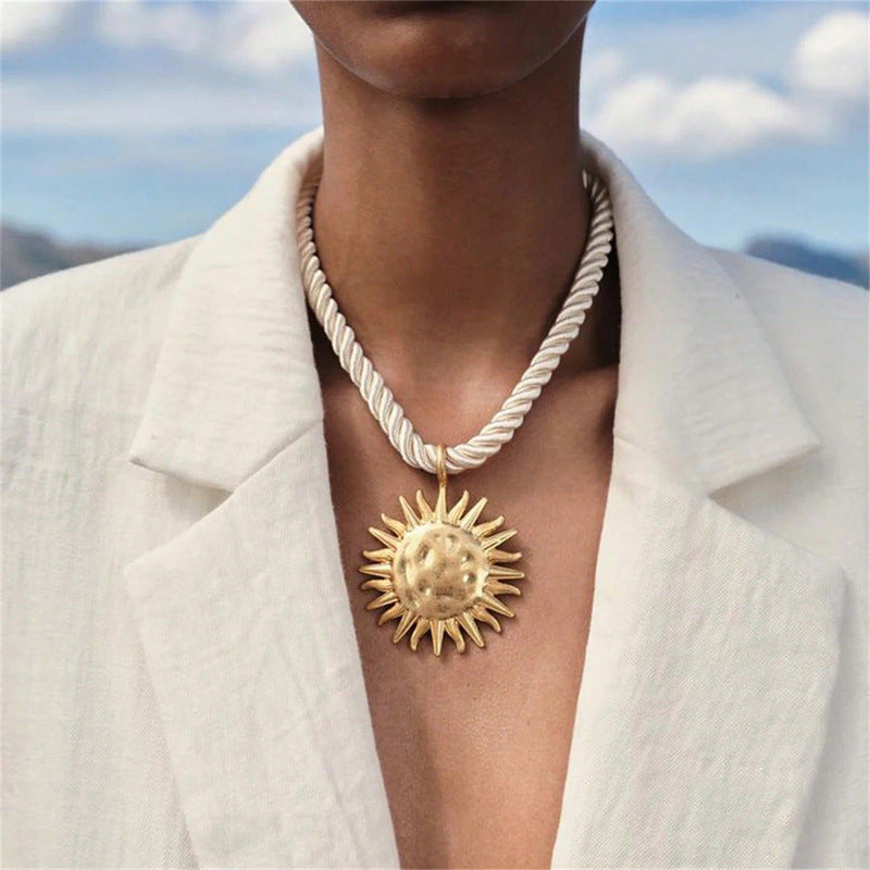 Wholesale White Twisted Thick Rope Sunflower Pendant Necklace