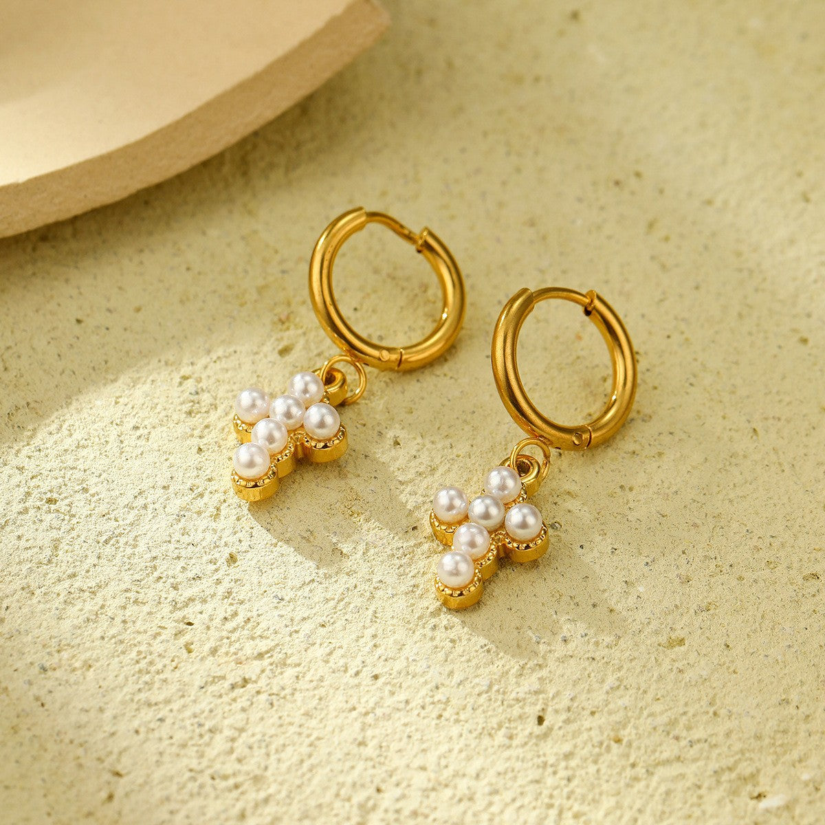 Wholesale Stainless Steel Light Luxury Cross Earrings with Pearls and Zirconia