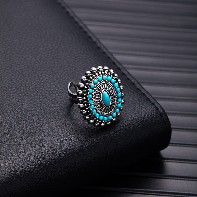 Wholesale Retro Bohemian Silver Flower Imitation Turquoise Ring - Fashion Accessory for Boutique Resale
