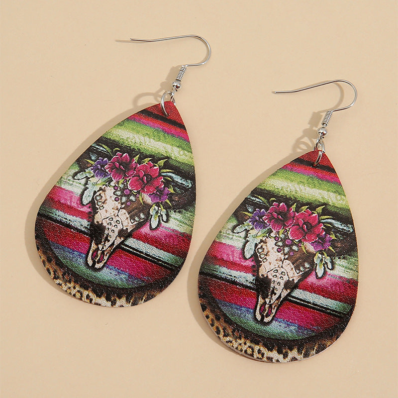 Wholesale Vintage Western Cow Head Rose Sunflower Leather Earrings Fashion Accessory Gift