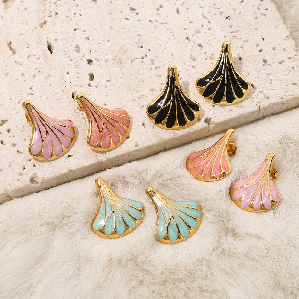 Wholesale Chic Ginkgo Leaf Fan-Shape Earrings Stainless Steel Drop Oil Vintage Gold Fashion Accessory