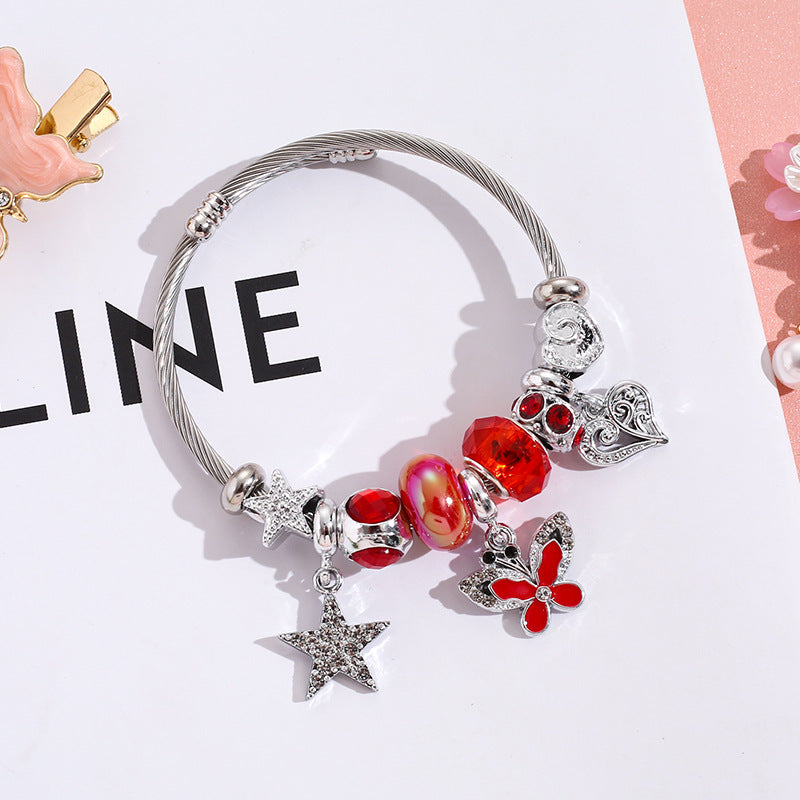 Wholesale Pentagram Butterfly Rhinestone Beaded Stainless Steel Bracelet ACC-BT-QingLian004