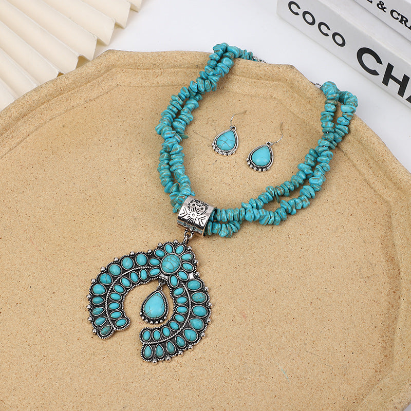 Wholesale Vintage Round Flower Turquoise Pendant Earrings Necklace ACC-NE-Gaoz001
