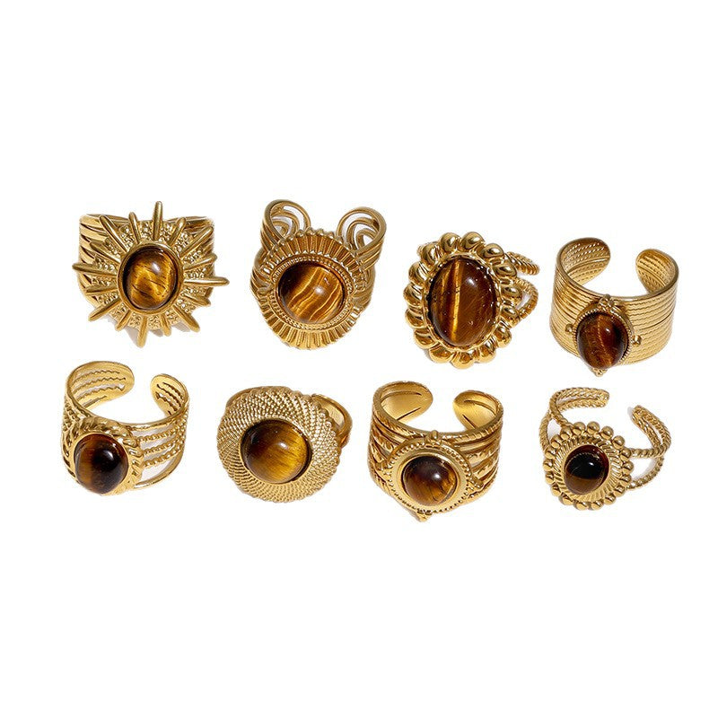 Wholesale Vintage Stainless Steel Open Ring Tiger Eye Stone Fashion Accessory for Resale
