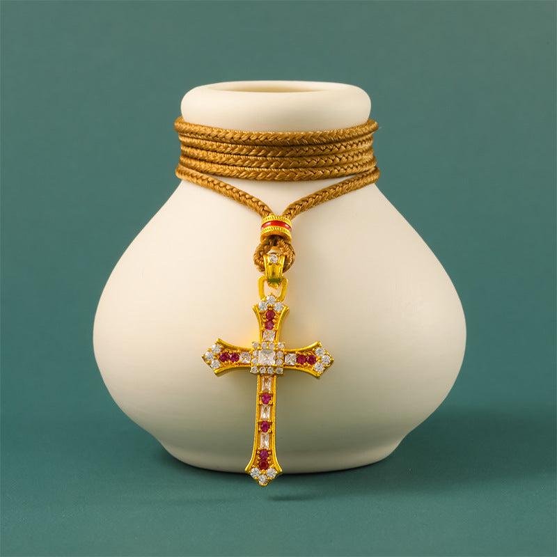 Wholesale Fashion Cross Pendant Necklace Gold Plated Copper Diamond Detail Jewelry Accessory for Women