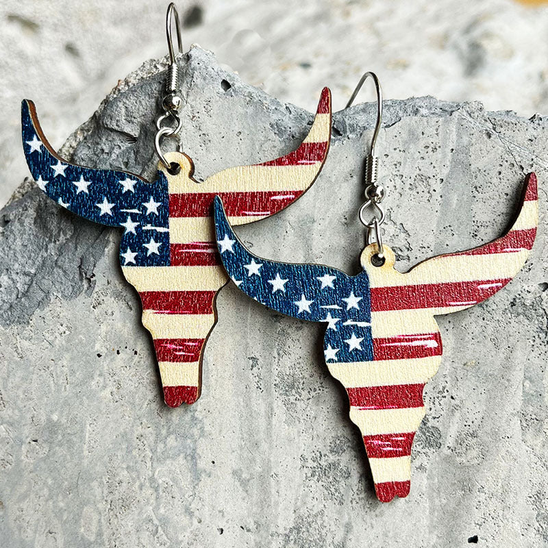 Wholesale 2 Pairs/Pack American Independence Day Western Style Cowboy Boots Cow Head Sunflower Wood Earrings ACC-ES-HY103