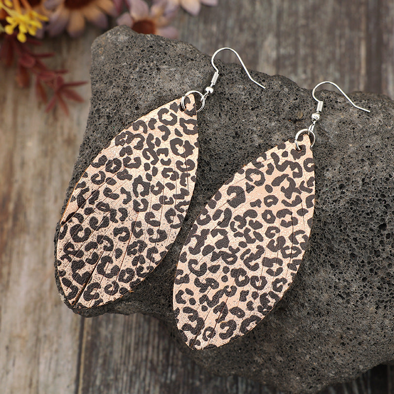 Wholesale  Bohemian Retro Leaf Print Random Leopard Tassel Leather Earrings