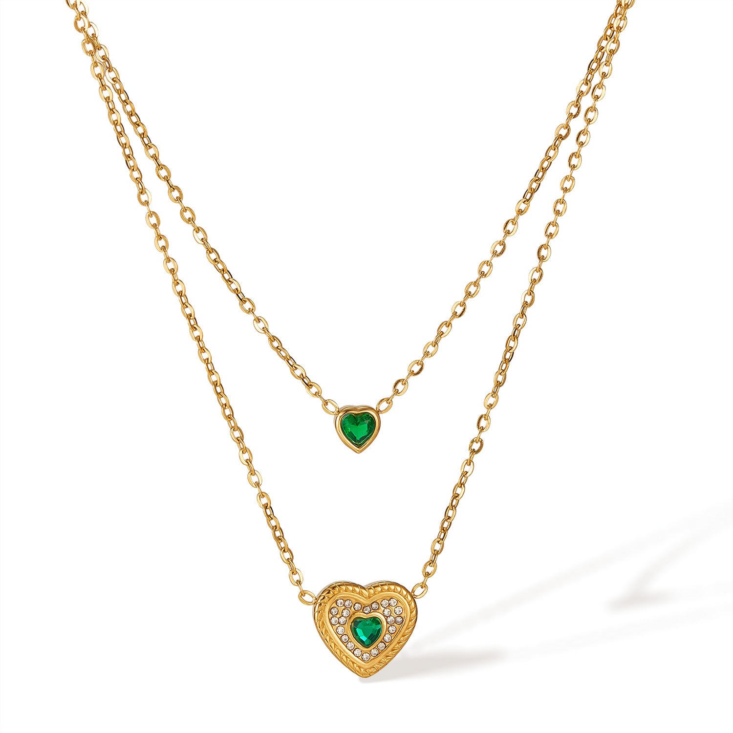 Wholesale Retro Emerald Love Pendant Stainless Steel Double Layer Stacked Necklace