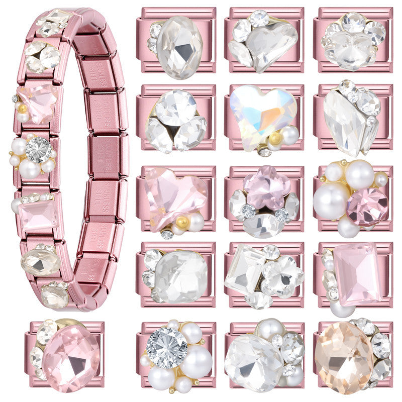 Wholesale Stainless Steel Pink Crystal Pearl Heart Bracelet Set Fashion Accessory