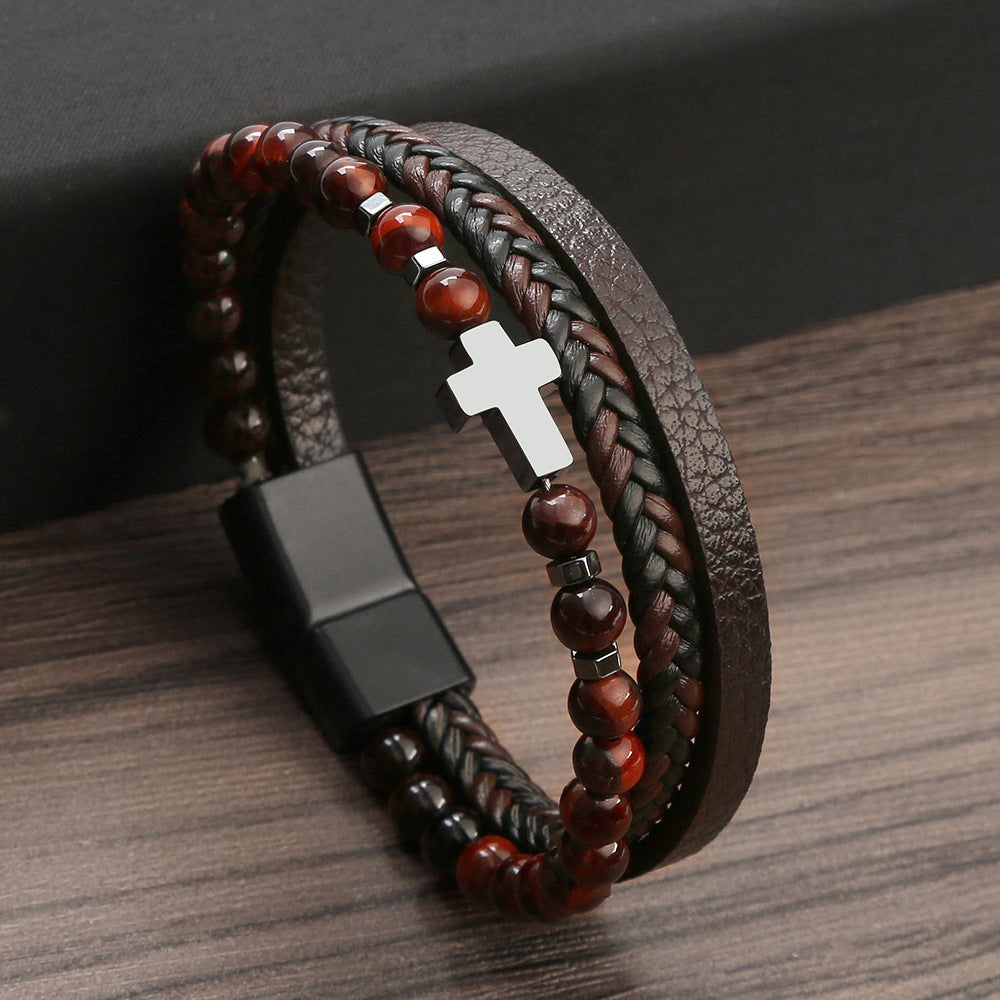 Wholesale natural stone bracelet tiger eye stone cross bracelet ACC-BT-Hongx005